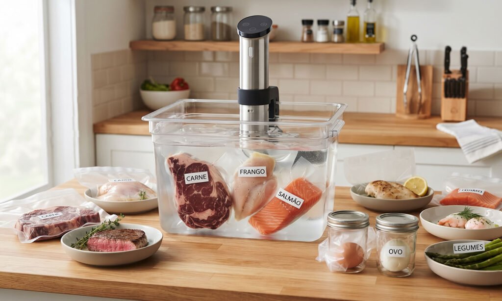 Alimentos preparados com diferentes tempos e temperaturas no Sous Vide