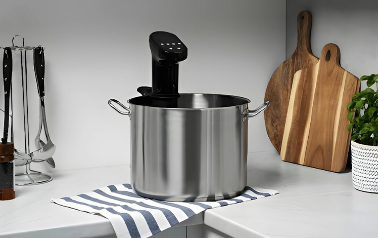 Sous vide funcionando em uma panela com alimentos cozidos ao redor — carne suculenta, ovos e legumes, em uma cozinha moderna e iluminada