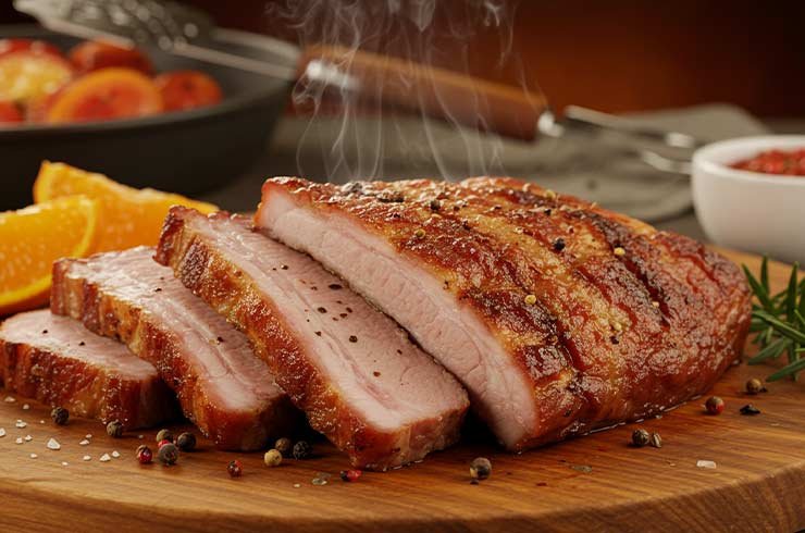 Barriga de porco dourada com crosta crocante sobre tábua, finalizada no forno após cocção no sous vide.