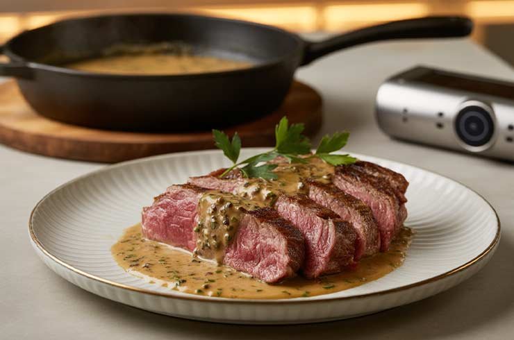 Bife ancho ao sous vide servido com molho cremoso de pimenta e salsinha fresca.
