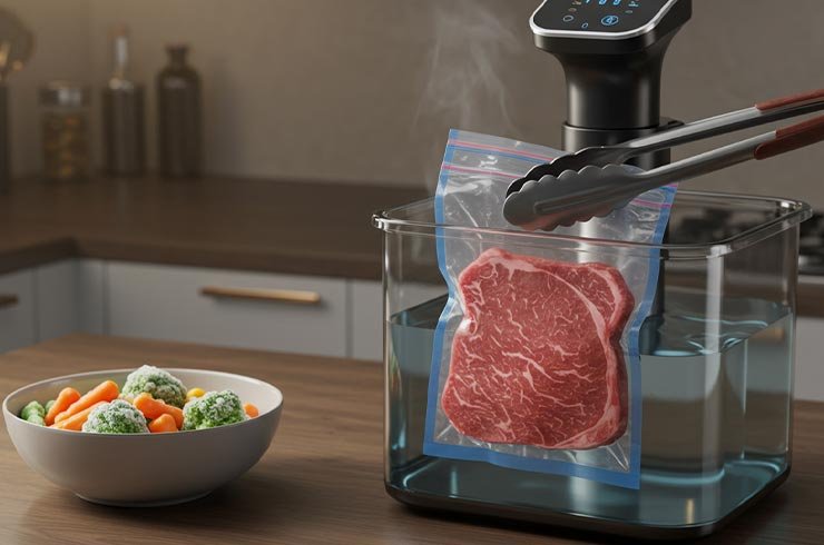Alimento selado sendo reaquecido no sous vide em cozinha doméstica, com técnica segura e controle de temperatura.