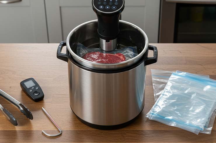 Cozinha doméstica com sous vide mostrando erros e acertos no uso de sacos durante o cozimento.