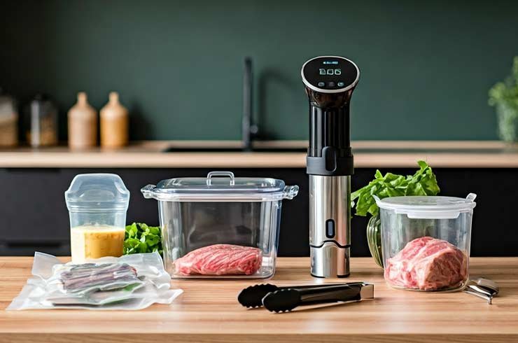 Kit sous vide completo com circulador, sacos, seladora e acessórios organizados em uma bancada de cozinha doméstica.