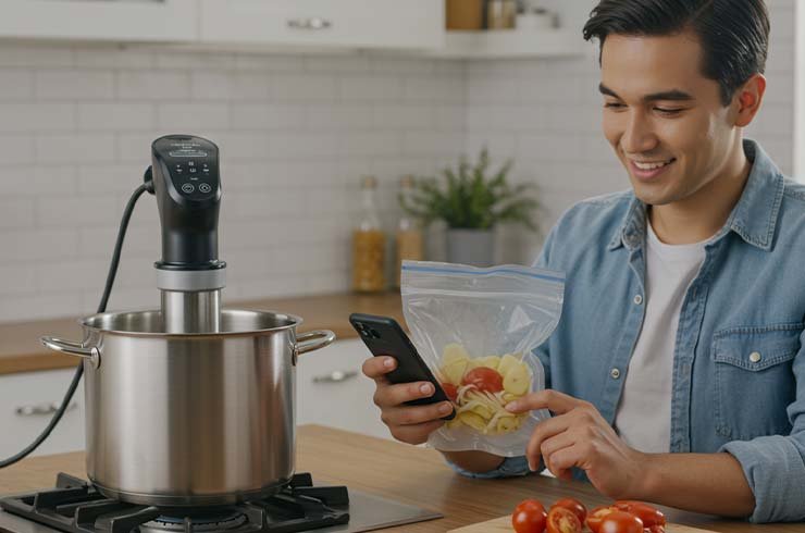 Pessoa cozinhando com sous vide de imersão em uma cozinha moderna, mostrando praticidade e facilidade para iniciantes.