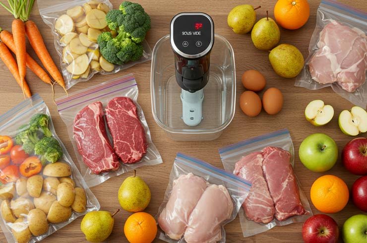 Alimentos variados preparados para sous vide em sacos selados sobre bancada de cozinha moderna com circulador ligado.