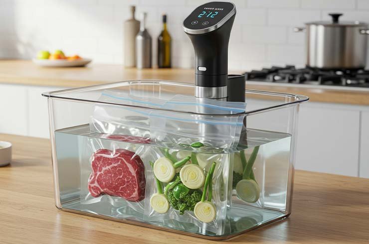 Recipiente ideal com sous vide em uso e sacos com alimentos submersos.