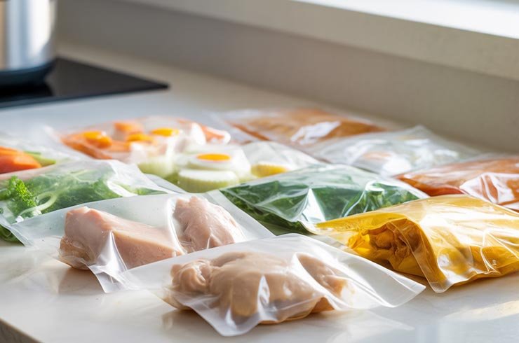 Preparação de refeições com sous vide no dia a dia, com alimentos porcionados e circulador ligado em cozinha prática e moderna.
