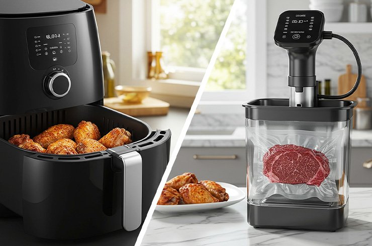 Comparação entre sous vide e air fryer em uma cozinha doméstica moderna.