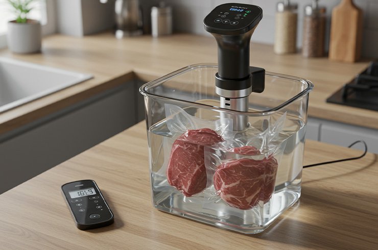 Sous vide para iniciantes: carne cozinhando em baixa temperatura em cozinha doméstica.