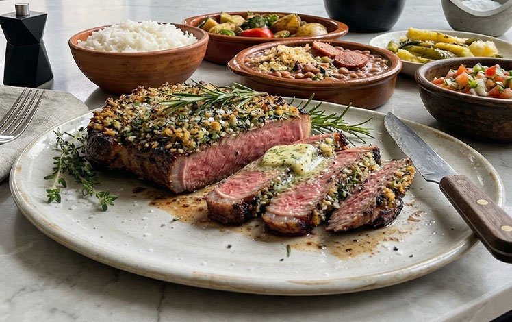 Entrecot sous vide com crosta de ervas, carne suculenta e ponto rosado perfeito