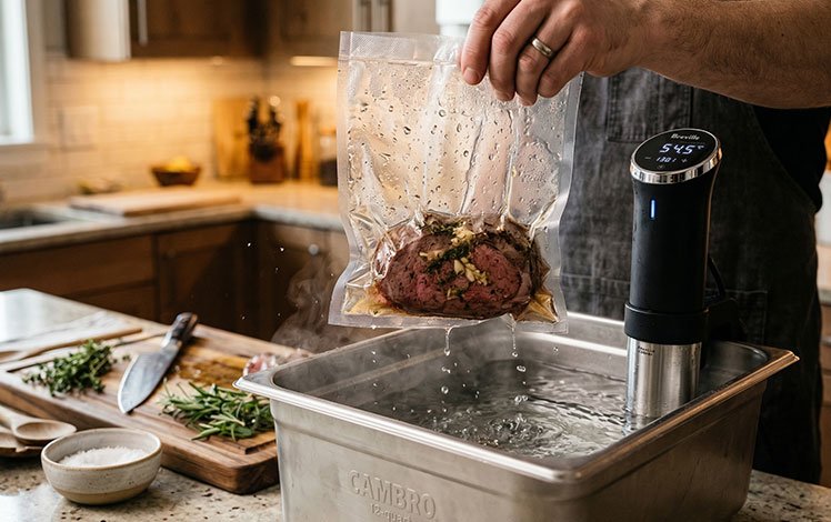 carne sendo preparada no sous vide em banho de água com circulador térmico